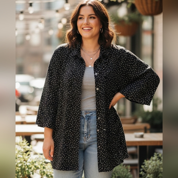 claire france Tops - Claire France Black With White Dot Button Shirt With Ajustable Sleeve, Size 24